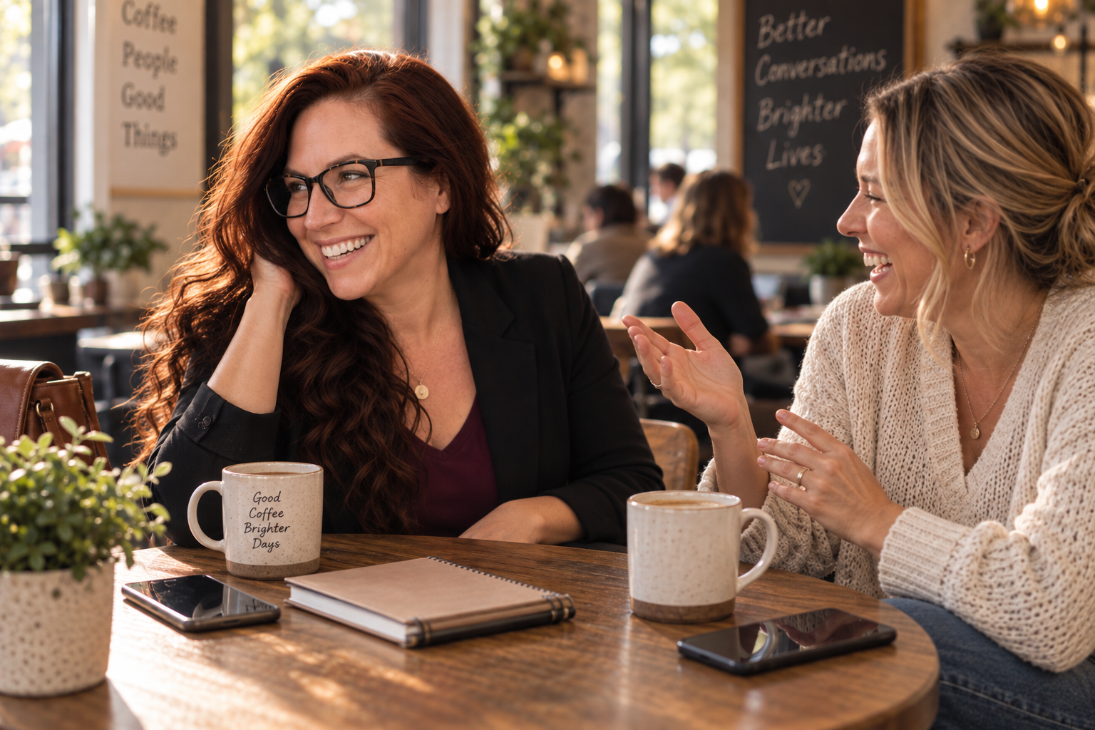 Two women laugh together over coffee during a candid coaching conversation at a warm, sunlit café.