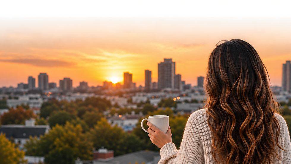 Woman seen from behind on a rooftop, holding a cup and looking out at a city skyline at sunset.