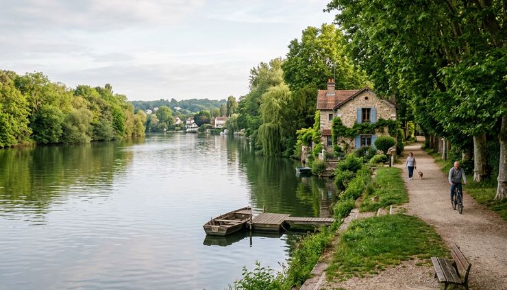 Wide-angle view of the Seine riverbanks in Chatou with trees, calm water, and old riverside houses.