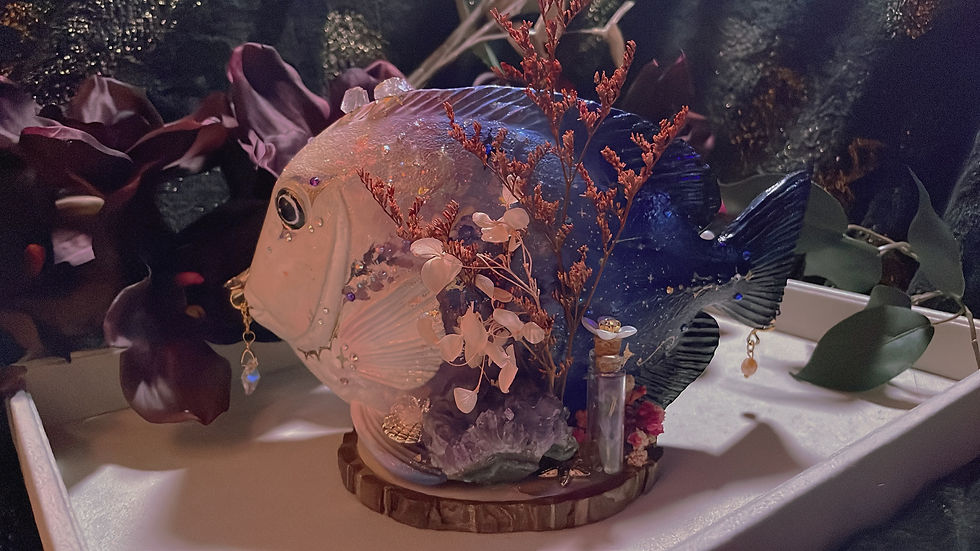 Thumbnail: “Twilight Dreamkeeper” UV Glow Painted Fish Sculpture with Crystals