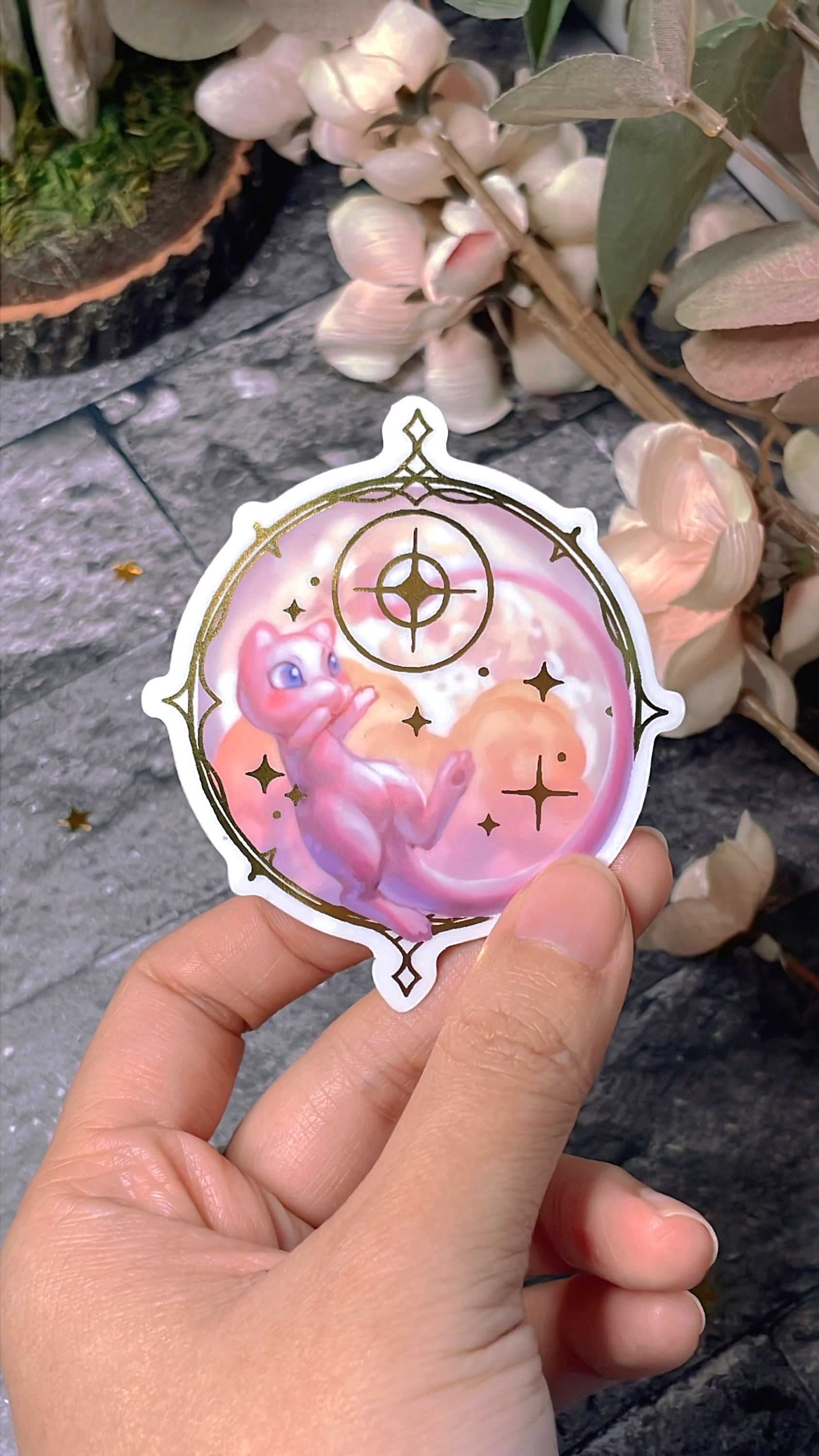 "Mew" Gold Foil Vinyl Sticker(2.5"x2.75") [#V17]