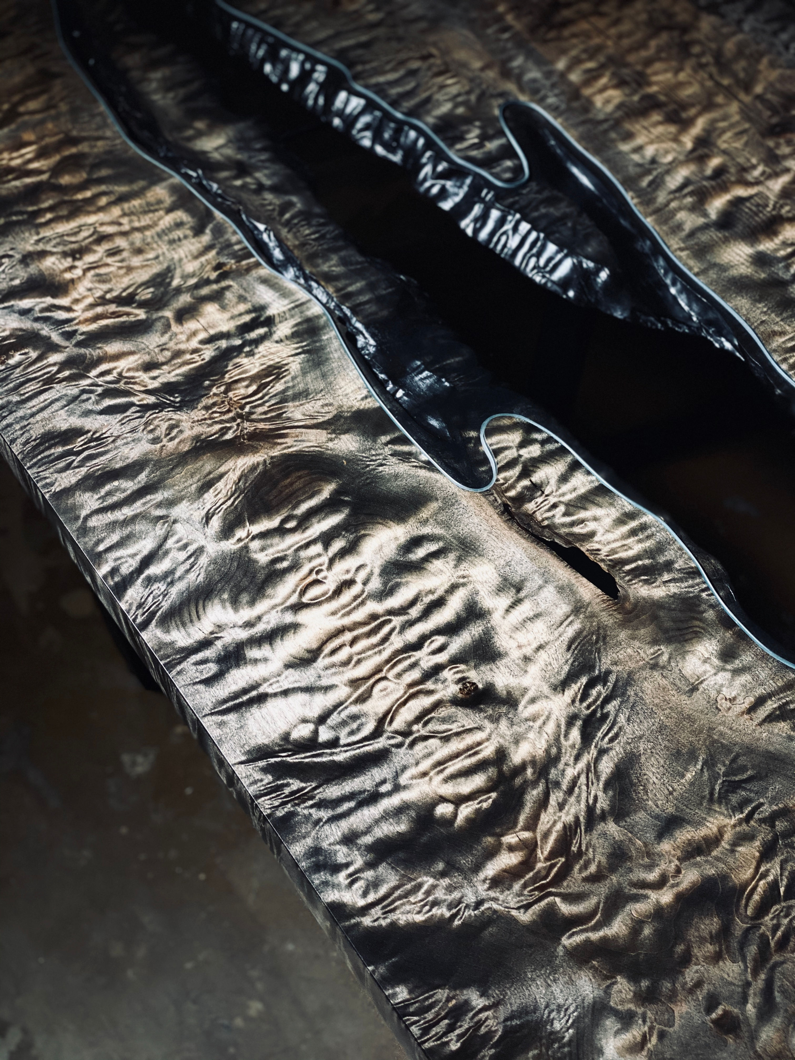 Ebonized Quilted Maple Glass River Table