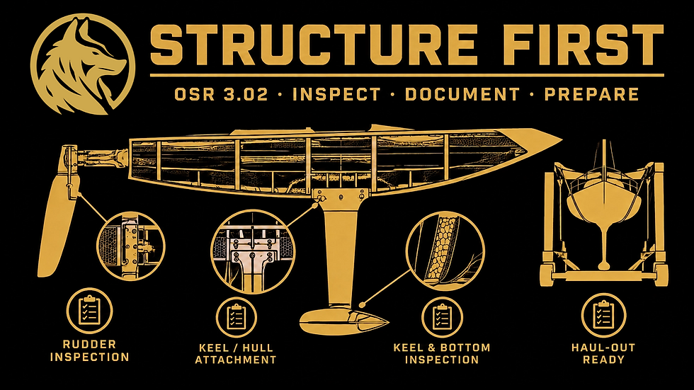 Official Black Wolf Racing wolf-head-in-circle mark on the structural integrity graphic for Category 2 offshore racing
