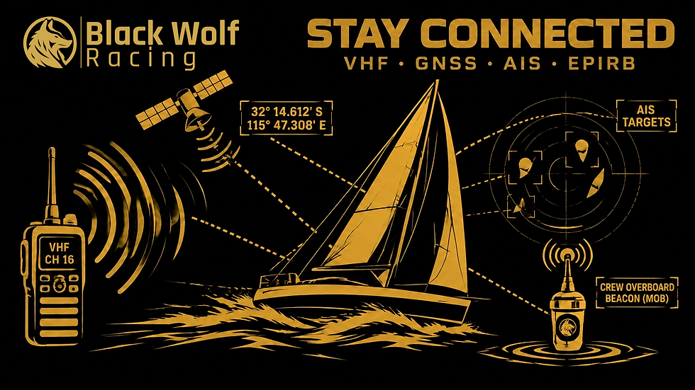 Official Black Wolf Racing wolf-head-in-circle mark on the communications and crew-overboard safety graphic for Category 2 offshore racing