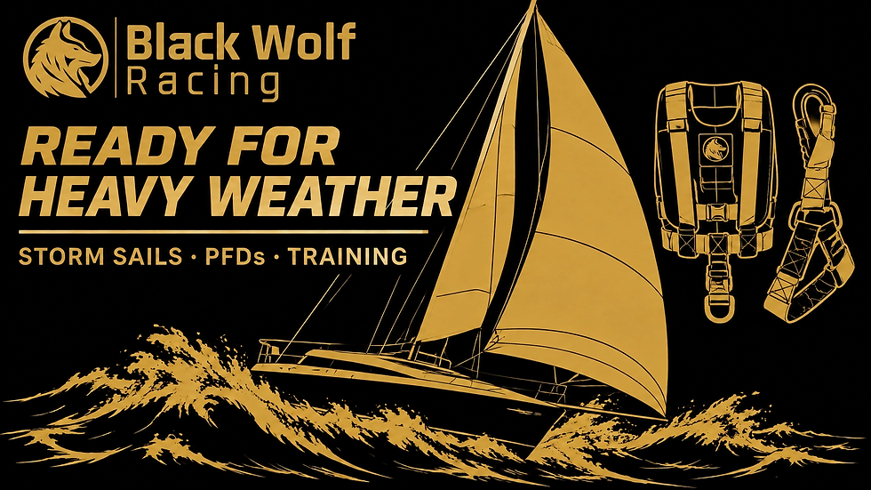 Official Black Wolf Racing logo with heavy-weather storm sails, PFDs and training graphic for Category 2 offshore racing