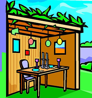 green leaves over brown hut with a placed table and chair