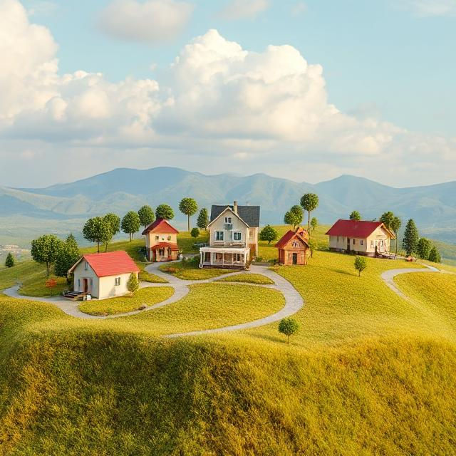 Idyllic miniature village on grassy hills with winding paths. Colorful houses and trees under a blue sky with clouds. Peaceful atmosphere.
