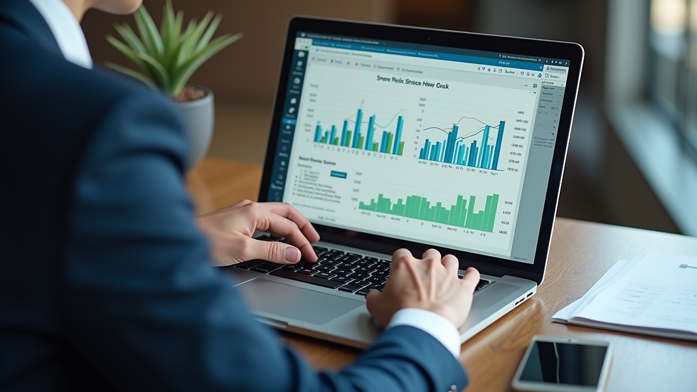 High angle view of a business professional analyzing risk charts on a laptop