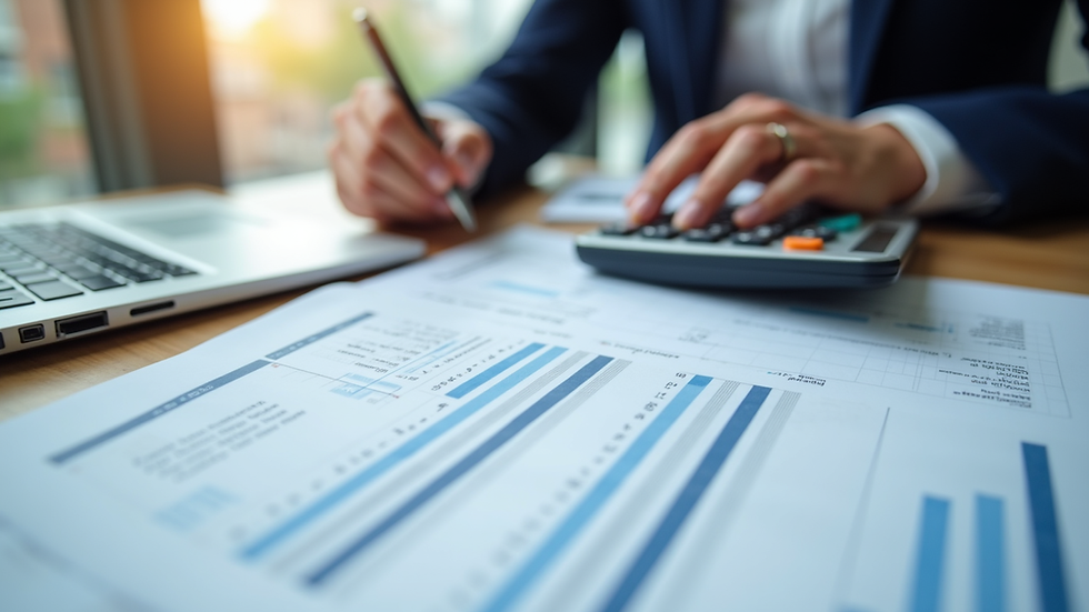 Plano detalle de documentos financieros y calculadora sobre escritorio