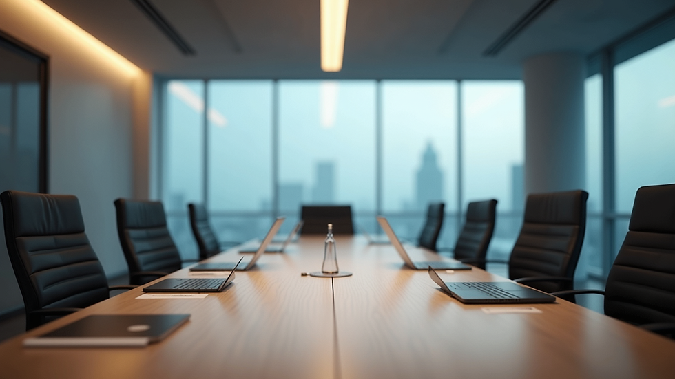 Vista aérea de una sala de reuniones corporativa con documentos y laptops