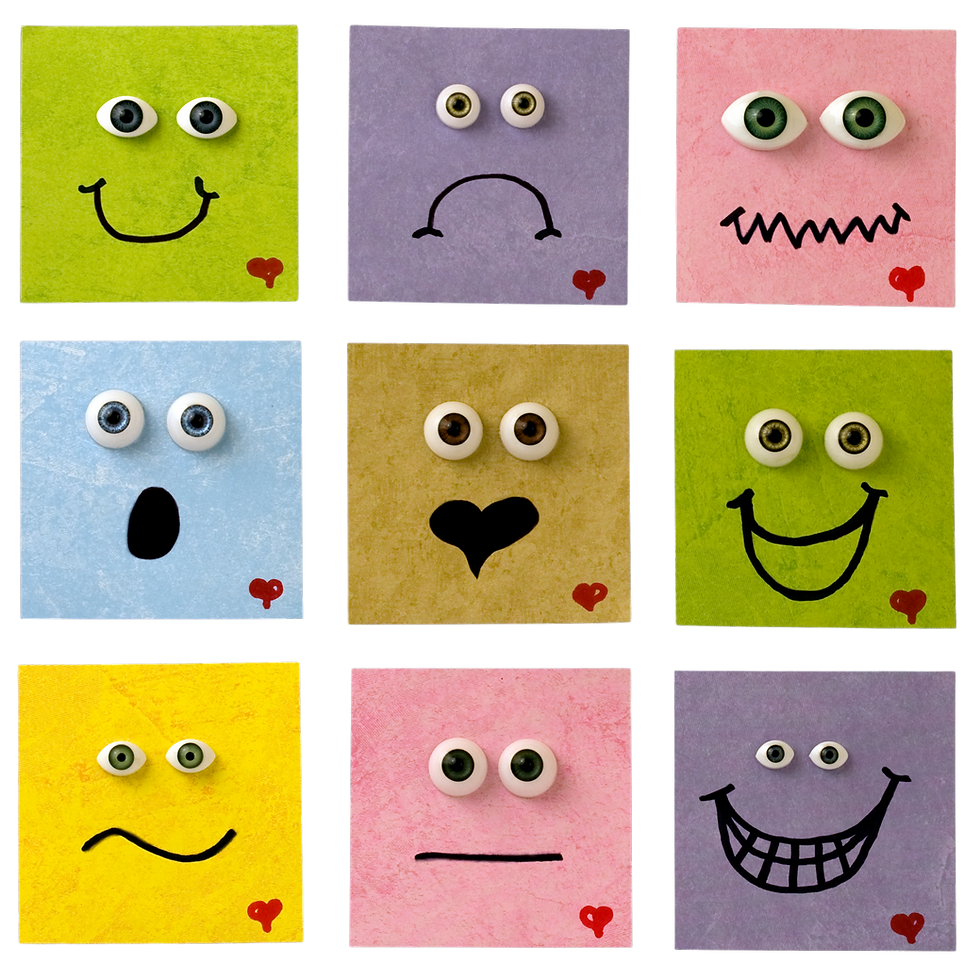 Collection d'émotions diverses dessinées sur des carrés colorés avec des yeux.