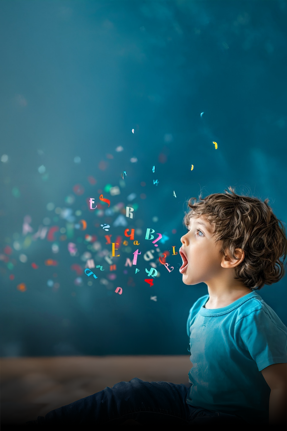 Little boy blowing colorful letters over blue background, Jeunesse à coeur.
