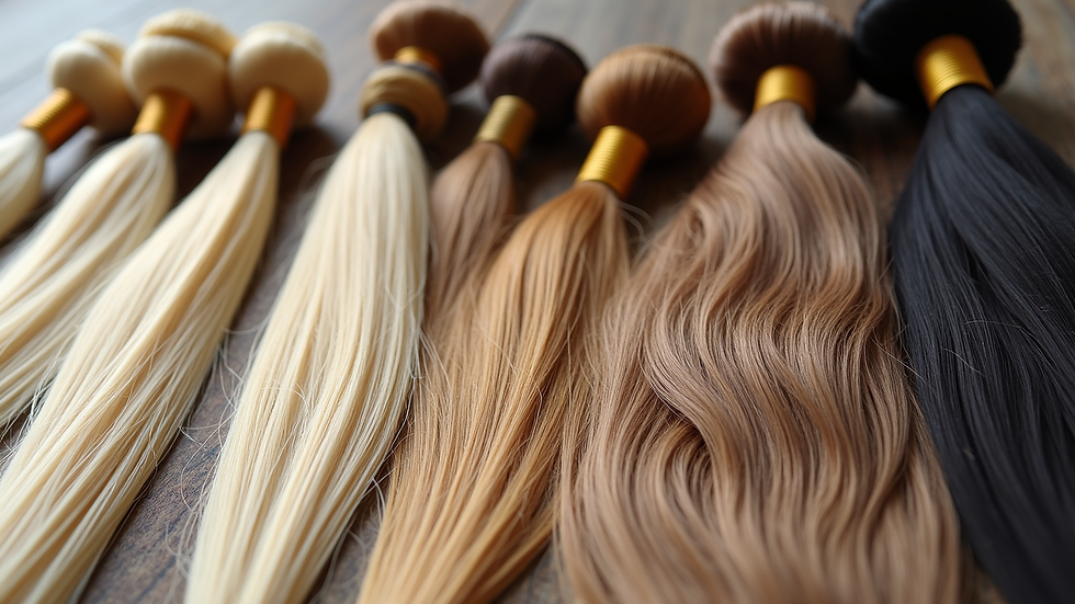 High angle view of hair care products next to hair extensions