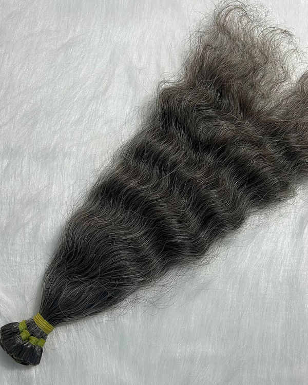 Grey Curly Flat-Tip Extensions – Handmade Keratin Strands, 50/50 Blend — view 2