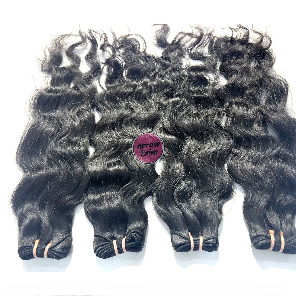 Eye-level view of hair extension bundles neatly arranged for sale