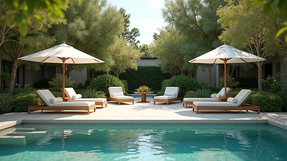 Wide angle view of a serene garden area with comfortable lounge chairs