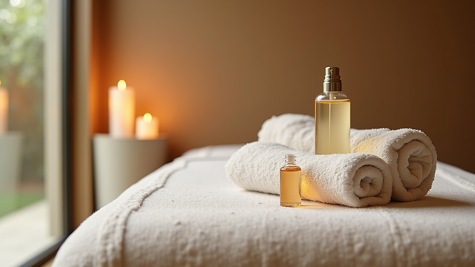 Close-up view of a spa massage table with aromatic oils and towels