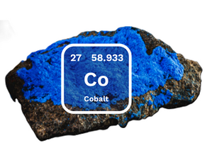 Cobalt ore sample with bright blue mineral deposits, overlaid with the periodic table symbol Co for cobalt.