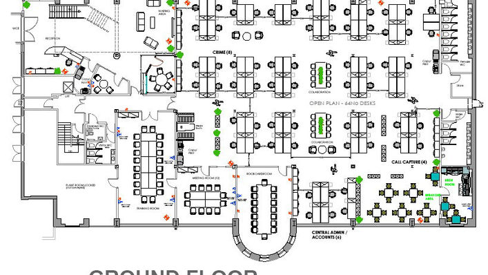 Cad plan showing a space planning of office furniture, Desks and meeting room furniture