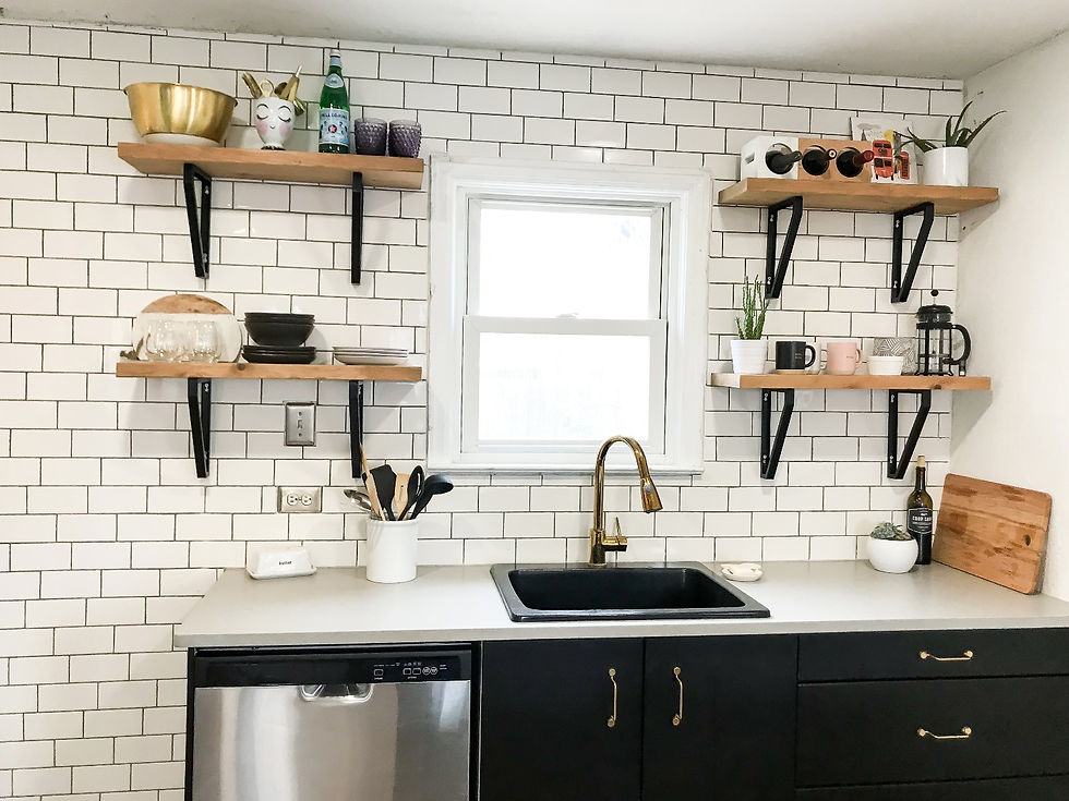 ikea kitchen with white subway tile and open shelving