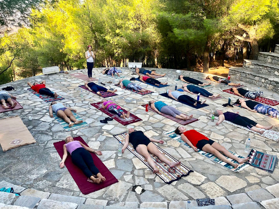 Savasana in Delphi Greece on a West Wind Yoga Retreat with Lara Alexiou.