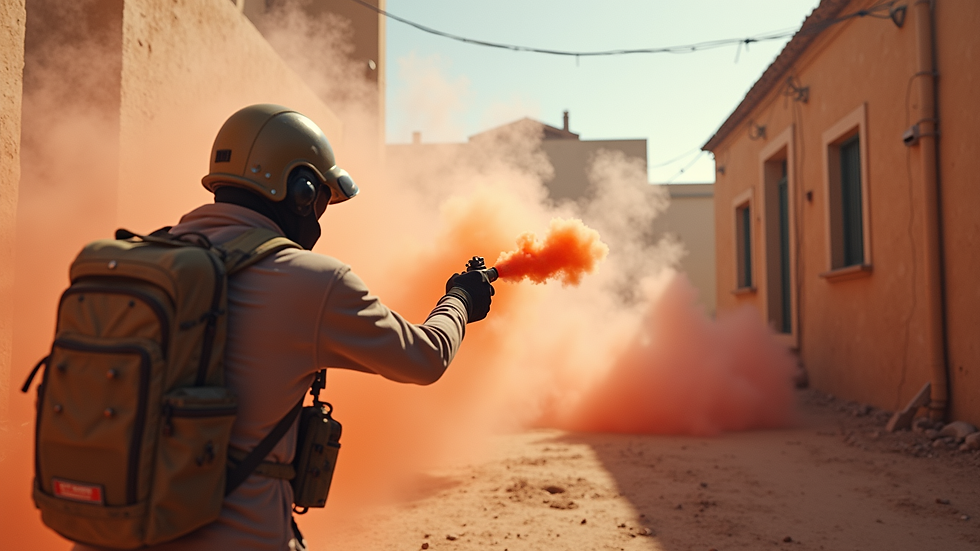 Eye-level view of a player throwing a smoke grenade on Dust2 map