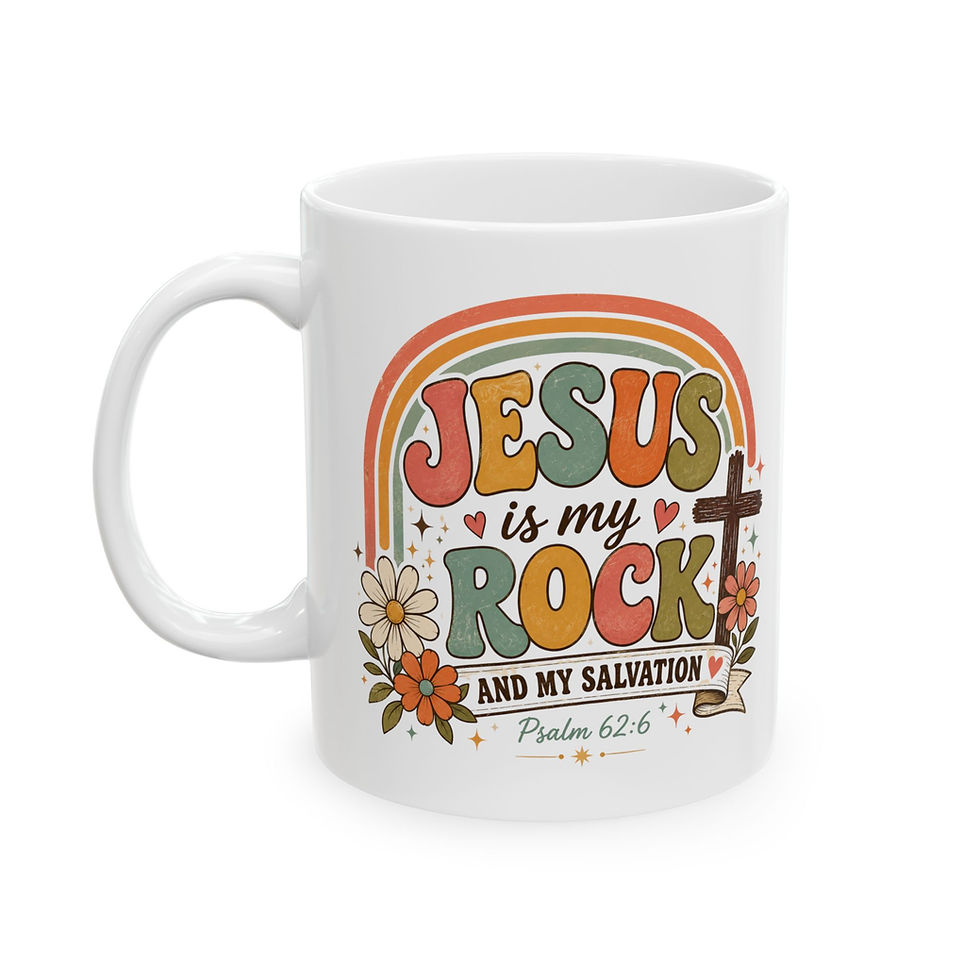 Thumbnail: Jesus Is My Rock Ceramic Mug — Retro Rainbow Faith Coffee Cup (11oz, 15oz)
