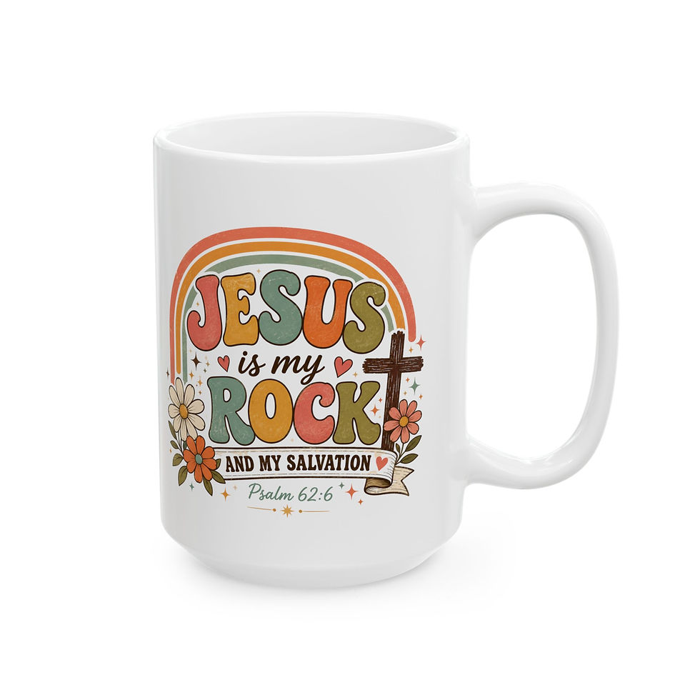 Thumbnail: Jesus Is My Rock Ceramic Mug — Retro Rainbow Faith Coffee Cup (11oz, 15oz)