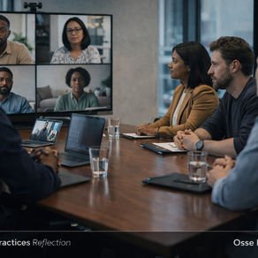 Diverse leadership team in a hybrid meeting discussing organizational dynamics and workplace alignment