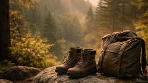 Hiking boots and backpack resting on a rock at sunrise in a forest, symbolizing leadership formation, reflection, and character development beneath the surface
