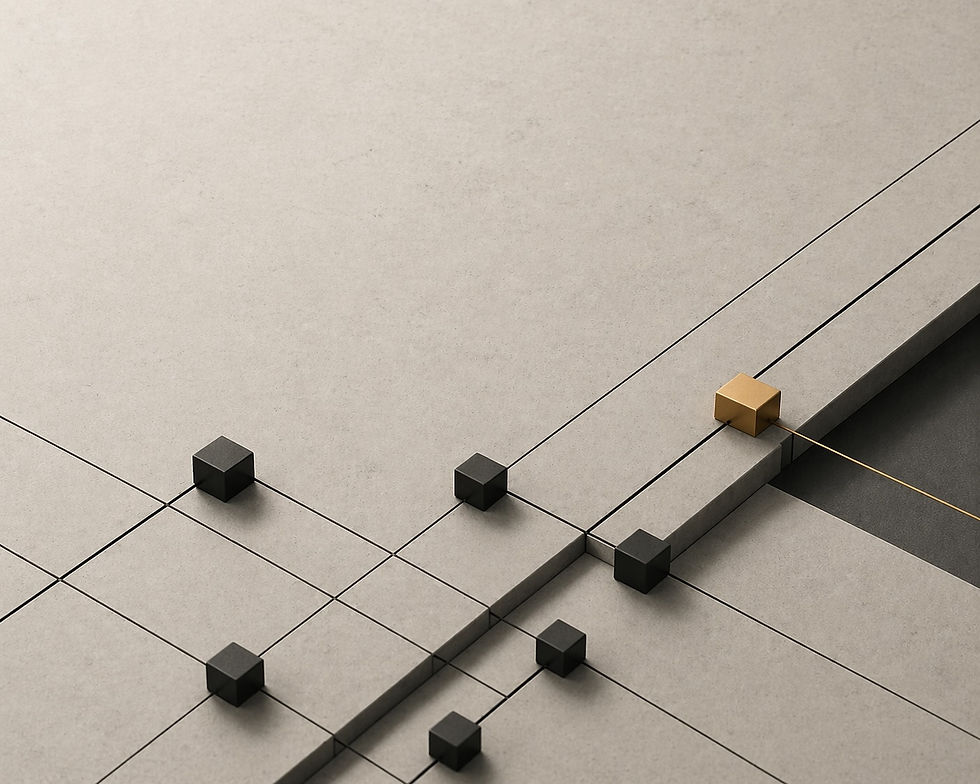 Abstract grid with black cubes and one gold cube slightly offset, representing presence without full inclusion