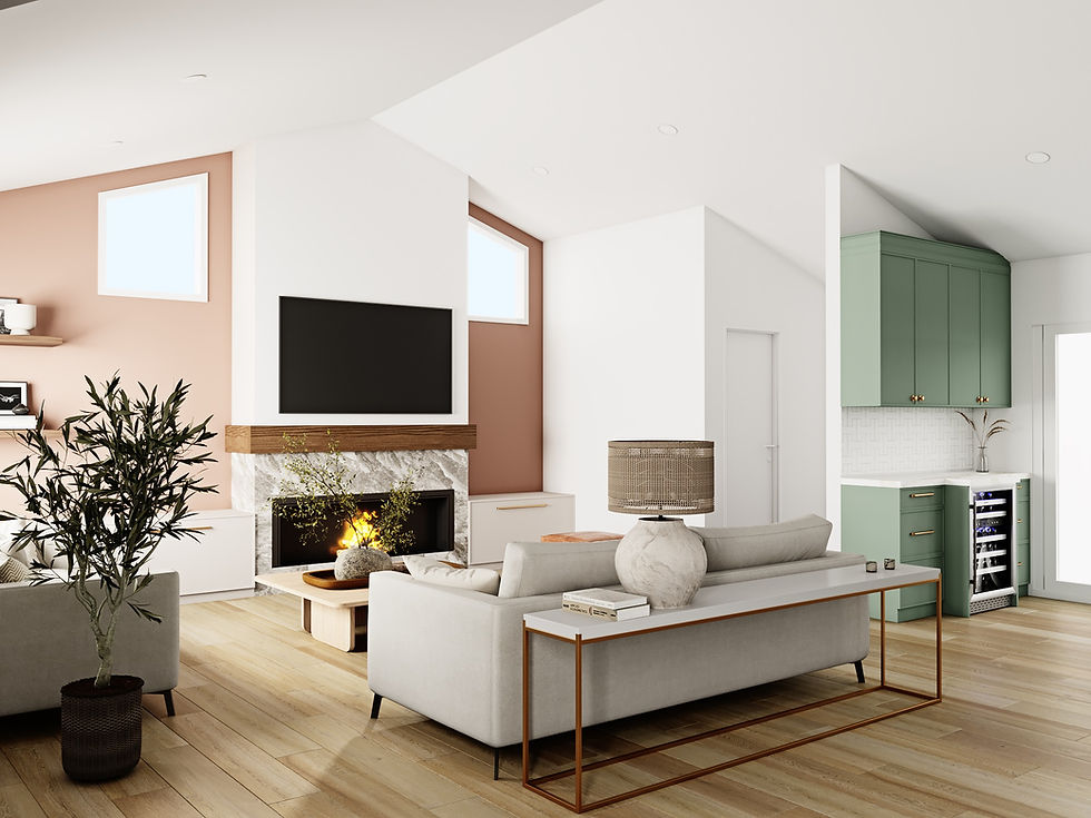 Modern San Diego living room remodel featuring warm wood flooring, a statement fireplace, soft terracotta accents, and a sage green built-in bar—styled for comfort and contemporary design.