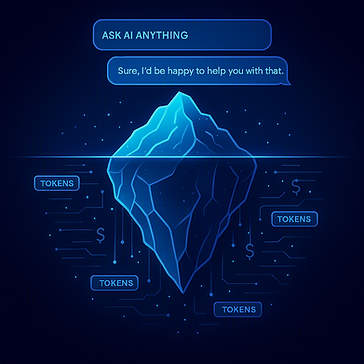 Iceberg graphic showing a simple AI chat interface above water and hidden token flows, costs, and infrastructure beneath, illustrating the unseen complexity and economics of AI.