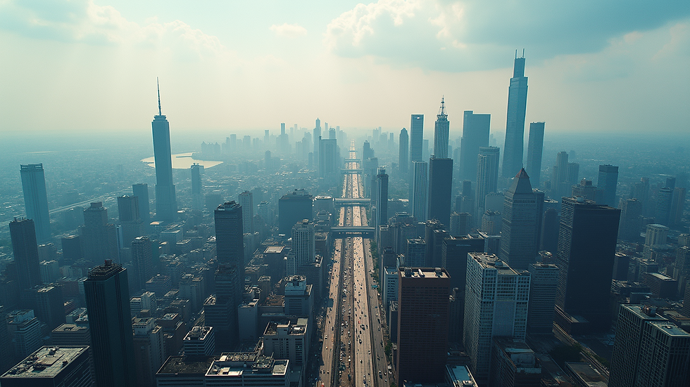 High angle view of a vibrant urban skyline showcasing the impact of industrial growth