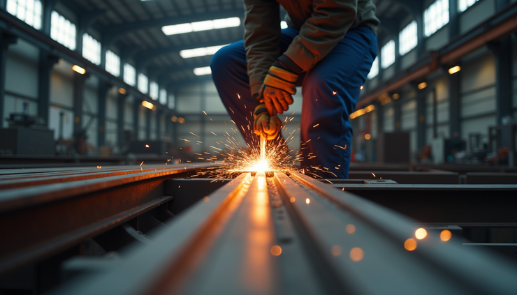 Eye-level view of steel beams being welded in a fabrication workshop