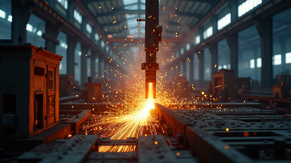 Wide angle view of a bustling steel manufacturing plant