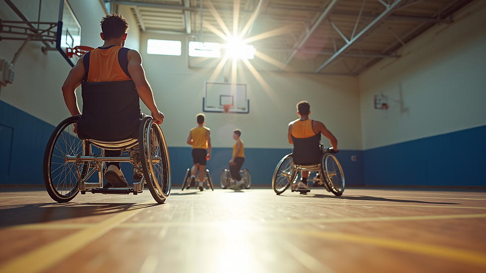 Eye-level view of a wheelchair basketball court with players in action