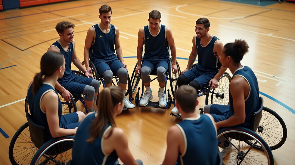 High angle view of wheelchair basketball team huddle