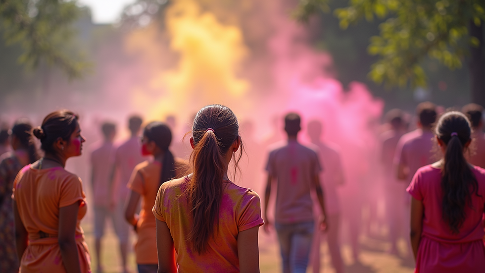 Eye-level view of a Holi festival in a public park with people dancing