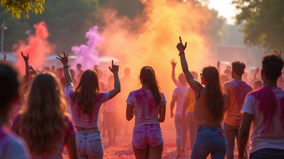 Wide angle view of a vibrant Holi celebration in a park