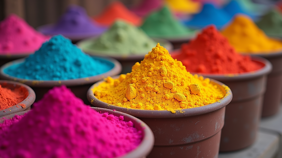 Eye-level view of colorful Holi powders displayed in vibrant containers