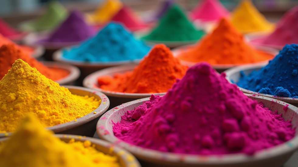 Eye-level view of eco-friendly Holi colors in vibrant packaging