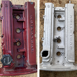 Laserové čištění: Červená a stříbrná hlava válců před a po čištění