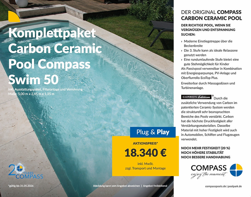 Pool-Modell „Carbon Ceramic Pool Swinm 50“ von Compass mit einer Treppe seitlich (ca. 5 x 2,4 Meter).