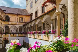 Clam Castle Austria corridor with flowers