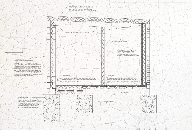 Detailed section drawing showing building regulations information. Detail required for a building regulations application. Full plans drawn for planning permission.