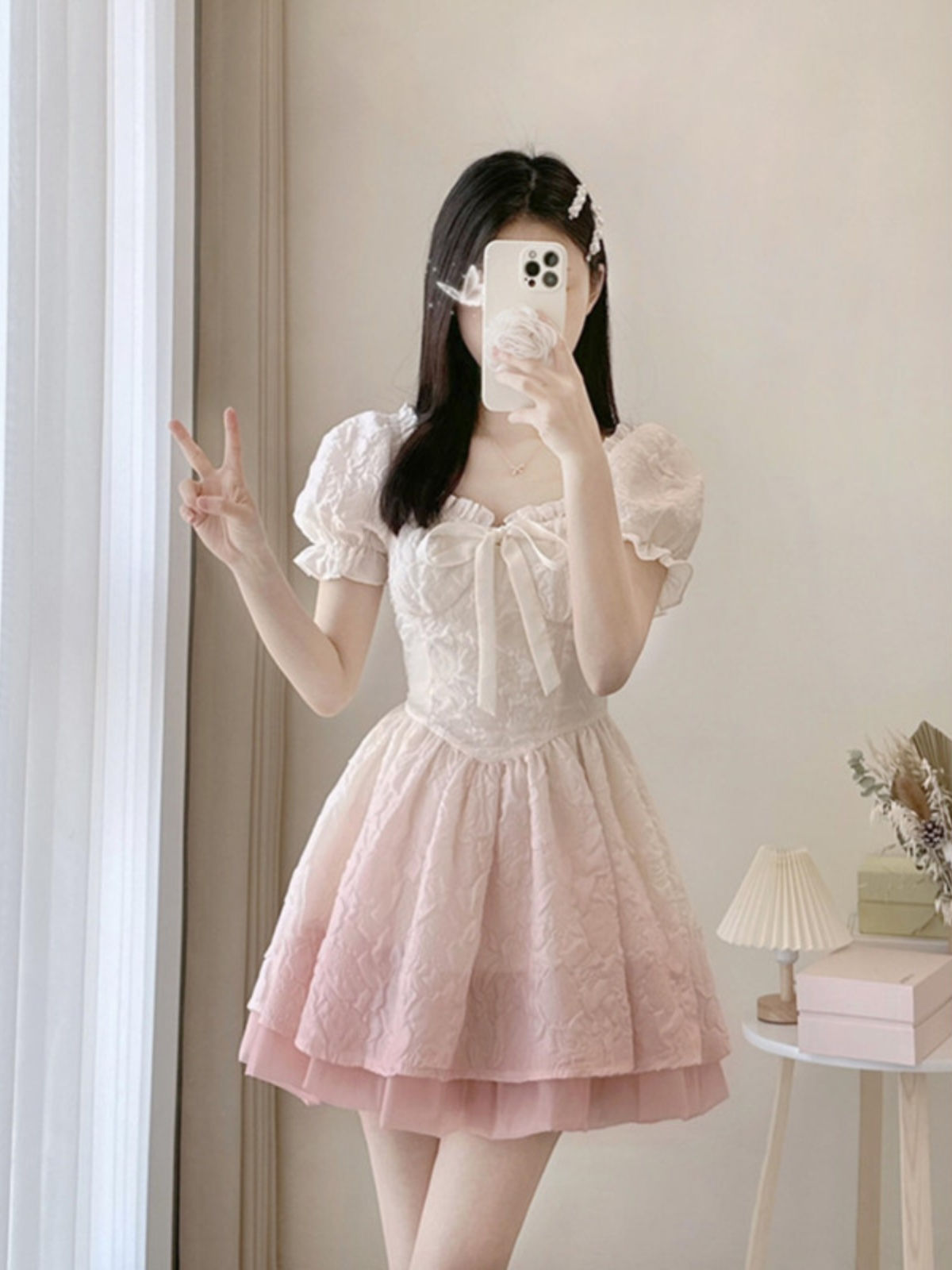 French short-sleeved white fairy puffy skirt  dress