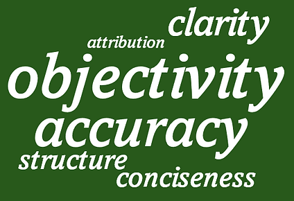 Objectivity, accuracy, clarity, conciseness, structure, attribution make a word cloud of journalism