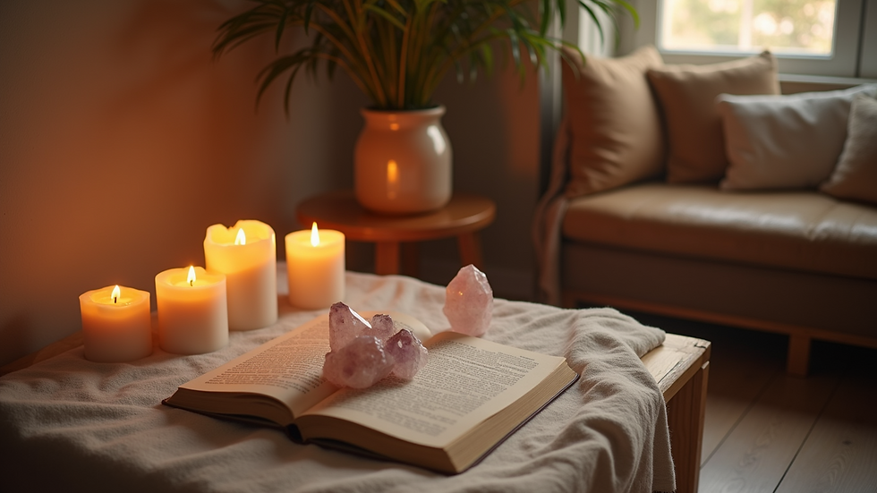 High angle view of a cozy coaching space with candles and crystals, creating a welcoming atmosphere