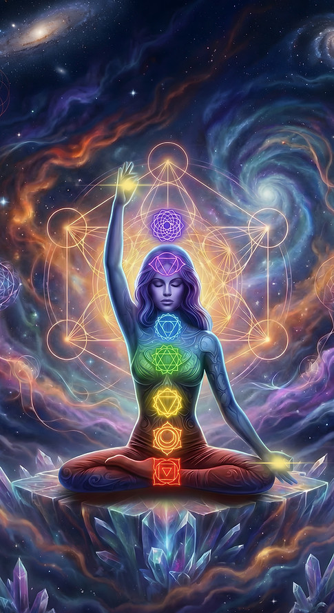 Illustrated woman with colorful chakra symbols, surrounded by sacred geometry and cosmic l